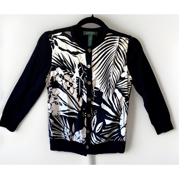 Lauren Ralph Lauren Cardigan Sweater Petite Black Floral Print Silk Blend - Picture 2 of 10